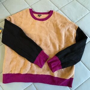 Express Colorblock Crewneck Sweater - Peach, Black & Magenta Trim